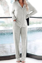 Home-style Loose-fitting Long-sleeved Pocket Shirt and Elastic Waist Casual Pants Set