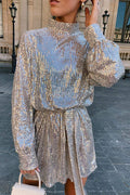 Fashionable Sequined Long-sleeved Belted Casual Mini Dress