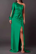 One-shoulder satin twisted high-slit maxi dress
