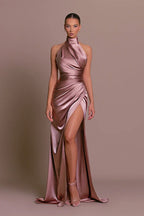 Collared Halter Sleeveless Split Slim Maxi Party Dress