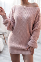 Ribbed Knit Boat Neck Long Sleeve Loose Mini Dress