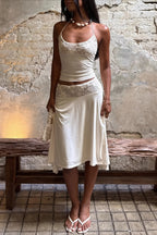 Elegant Lace Trim Cami Top High Rise Asymmetric Skirt Sets