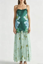 Fresh Bloom Unique Print Satin and Pleated Tulle Hem Slip Maxi Dress