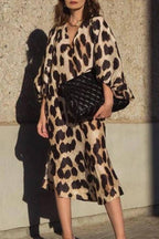 Loose V-Neck Leopard Print Balloon Sleeve Midi Dress