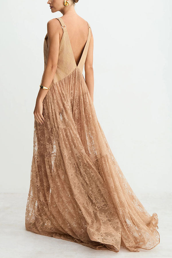 Carissa Floral Lace V-neck Wide Shoulder Straps A-line Maxi Dress