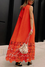 Breezy Comfort Tie-up Neck Sleeveless Floral Lace Hem Maxi Dress