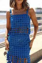 Caitlin See Through Circle Embroidery Square Neck Tassle Hem Slip Tank