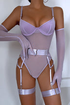 Fashionable See-through Mesh Suspender Bodysuit and Glove Straps Three-piece Set