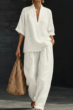 Solid Color V-neck Short-sleeved Loose Top and Casual Elastic Waist Pocket Pants Set