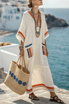Striped Print V-Neck Casual Loose Pocket Maxi Dress