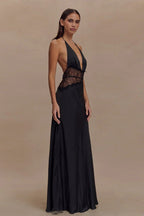 Deep V Halter Satin Slip Prom Dress