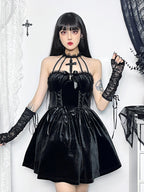 Gothic Velvet Criss Cross Halter Vintage Draped Lace Backless A Line Dress