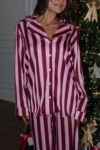 Courtney Satin Colorblock Striped Loose Shirt and Elastic Waist Pocketed Pajama Set