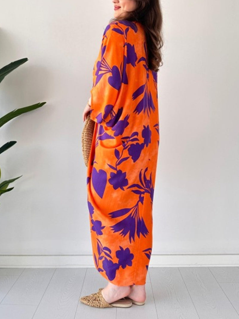 Fashion Printed Bat Sleeve V-Neck Dress
