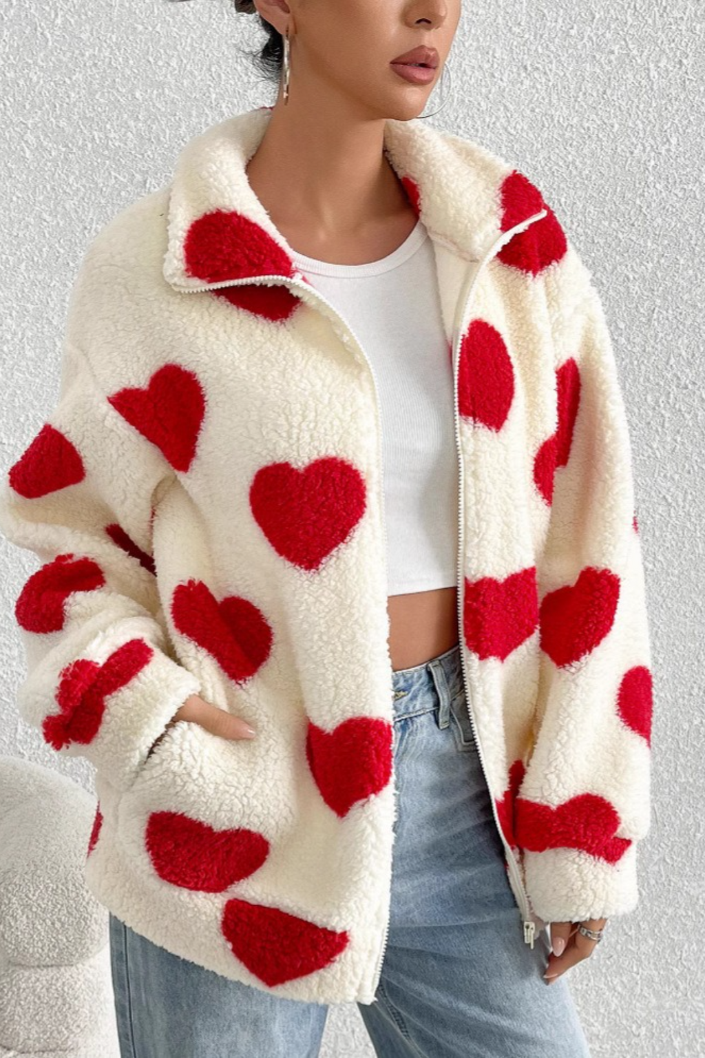 Fuzzy Heart Print Oversized Long Sleeve Zip Coat