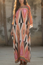 Unique Geometric Print Loose Round Neck Vacation Cover-up Maxi Dress