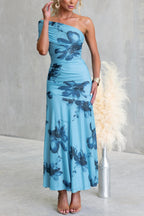 Floral Print Elegant Mesh Off-shoulder Fitted Maxi Dress