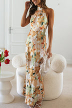 Floral Print Sleeveless Halter Neck Tie Holiday Maxi Dress