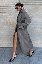 Longline Wool Blend Tie Waist Loose Elegant Overcoat