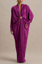 Tina Satin Plunge V-neck Gold Trim Detail Long Batwing Sleeve Maxi Dress