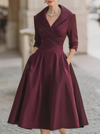 Elegant Black Satin Pleated V-neck A-line Midi Dress