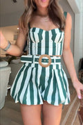 Claudine Striped Heart-shaped Smocked Tank and Raffia Buckle Belted Pocket Bubble Shorts Set