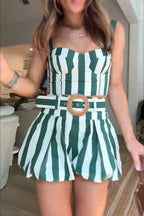 Claudine Striped Heart-shaped Smocked Tank and Raffia Buckle Belted Pocket Bubble Shorts Set