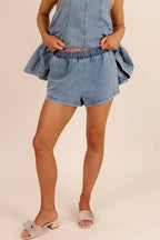 Adventure Awaits Denim Vertical Seam Sleeveless Flare Hem Top and Elastic Waist Pocket Shorts Set