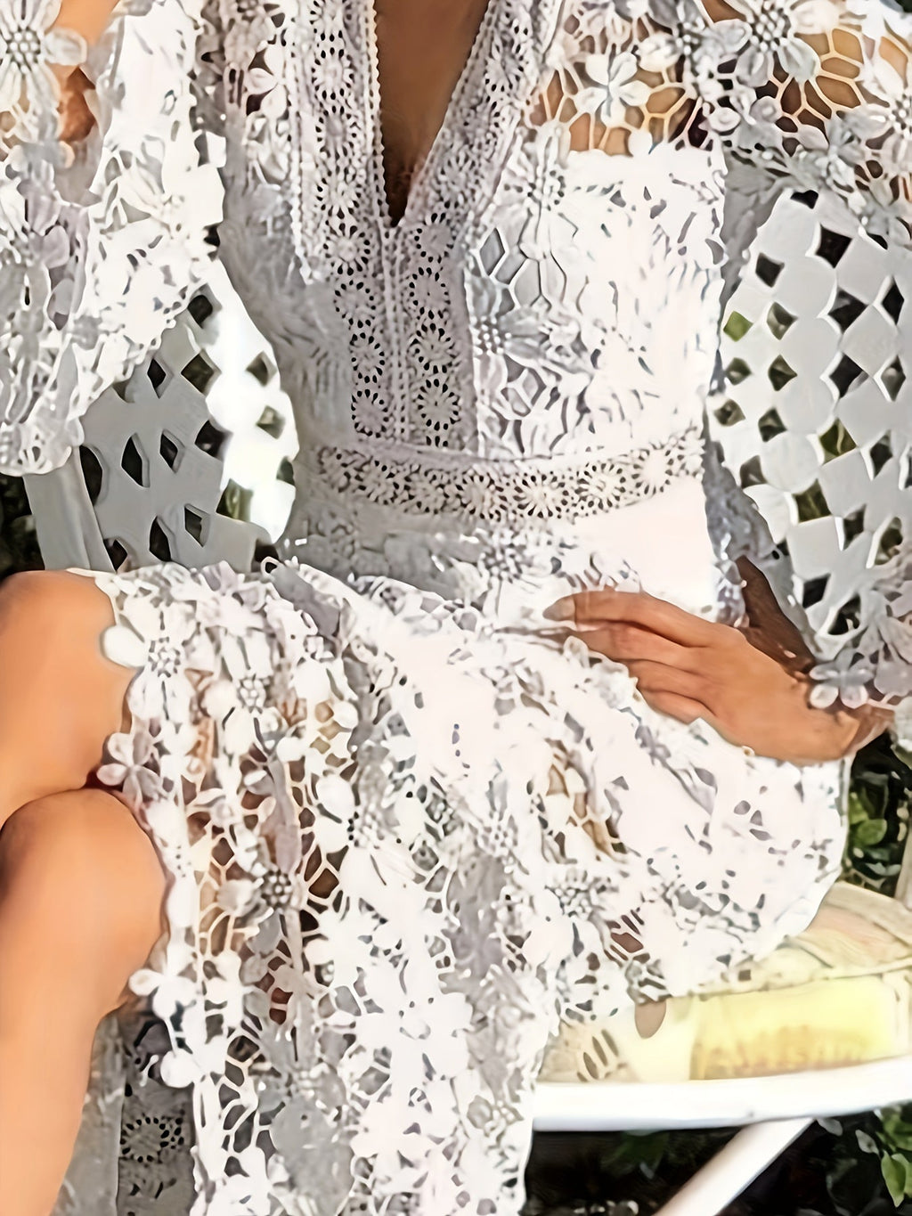 Adeltrudis Chic Cotton Guipure Lace V Neck Long Sleeves Aprons Cocktail Festive Dress for Women Evening Wear Edit