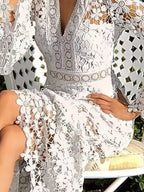 Alejandra Minimalist Cotton Guipure Lace V Neck Long Sleeves Aprons Cocktail Festive Dress for Women Evening Wear Edit