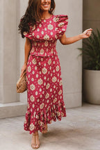 Emilia Unique Print Flutter Sleeve Smocked Top and Elastic Waist Maxi Skirt Set