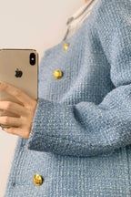 Cornflower Blue Double-Breasted Tweed Jacket With Gold Buttons