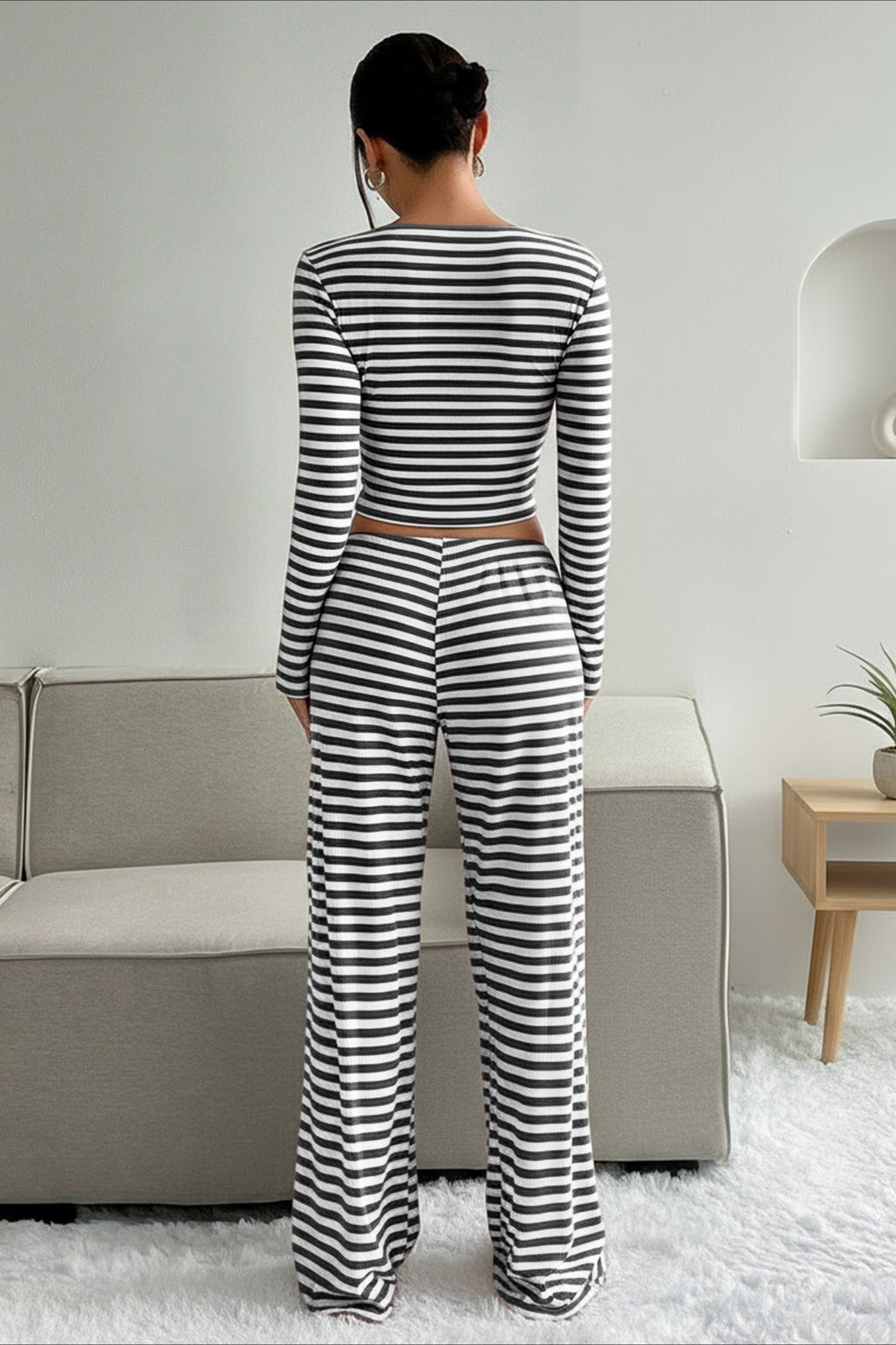 Casual Two Tone Stripe Two Piece Pants Set