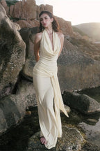 Draped Neckline LowBack Maxi Party Dress