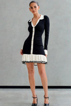 Pearl Button Ruffled Collar Knit Sweater Dress