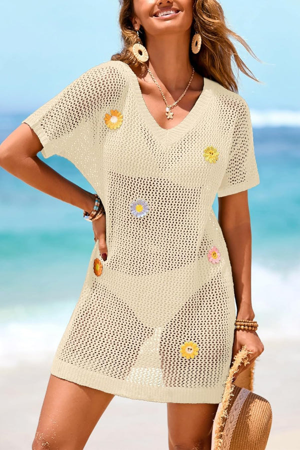 Floral-decorated V-neck Short-sleeved Crochet Cover-up Vacation Mini Dress