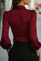 Satin V-neck Long-sleeved Casual Tie-waist Shirt