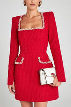 Lexi Timeless Girly and Mini Dress in Tweed Fabric with Beaded Trim, Long Slit Sleeves and Pockets Boutique Collection