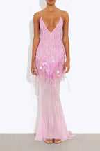 Deep V Neck Sequins Fishtail Hem Backless Gowns Slip Maxi Dresses-Yellow