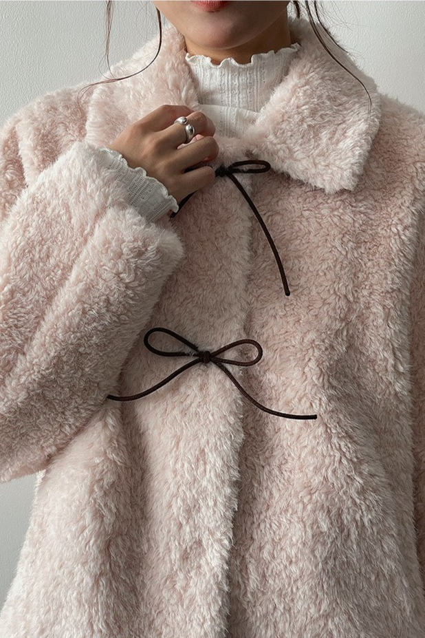 Vintage Color Block Bow Tie Fuzzy Tie-Up Coat
