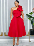 Elegant A Line Pleated One Shoulder Bow Red Party Dress