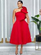 Elegant A Line Pleated One Shoulder Bow Red Party Dress