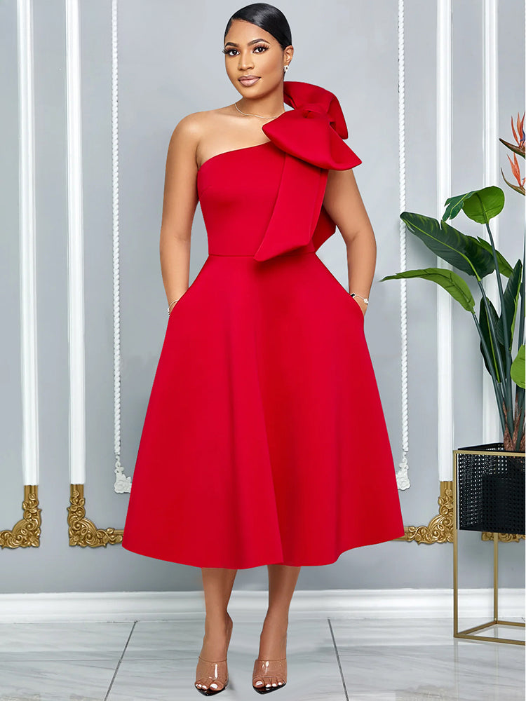 Elegant A Line Pleated One Shoulder Bow Red Party Dress