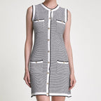 Grey Sleeveless Button Front Pocket Detail Knitted Mini Dress