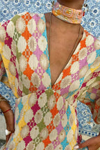 Elegant Printed V-neck Lantern Sleeve Dress