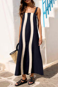 Fashionable Color-blocked Printed Square Neck Sleeveless Vacation-style Maxi Dress