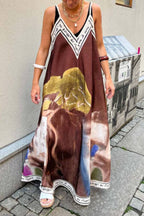 Artistic Oil Painting Print V-Neck Slip Maxi Dress