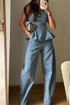 Sweet Casual Denim Cherry Print Princess Seams Flare Vest Top