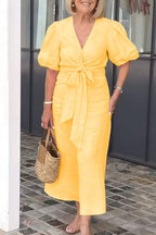 V-Neck Puff Sleeve Twisted Waist Tie Midi Dress