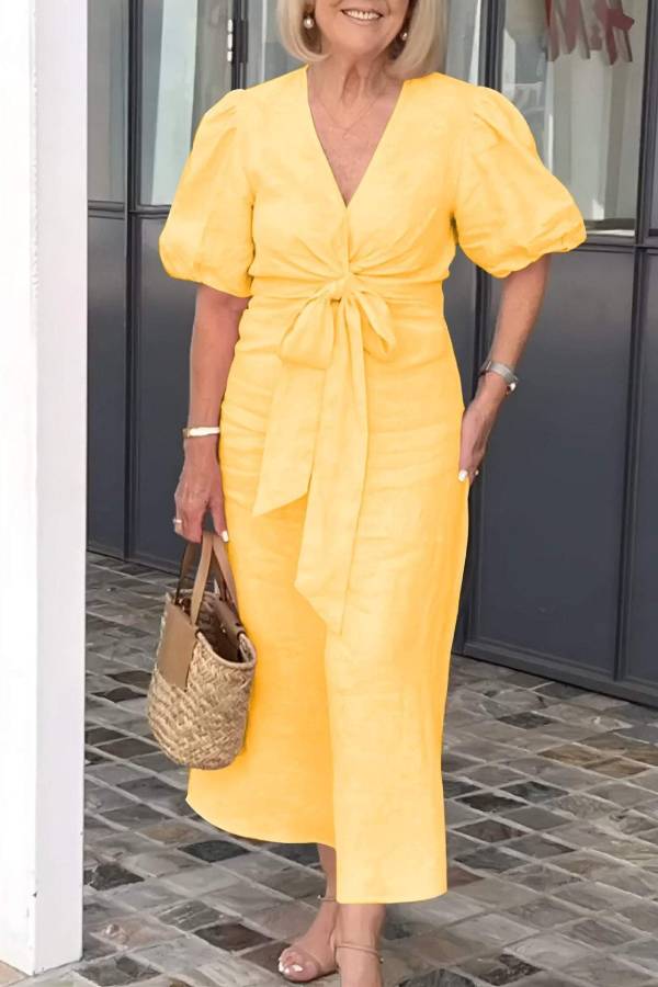 V-Neck Puff Sleeve Twisted Waist Tie Midi Dress
